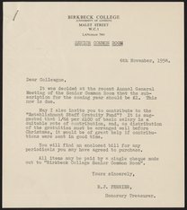 Letter from R. J. Ferrier to members of the Senior Common Room and Birkbeck College, November 6, 1958