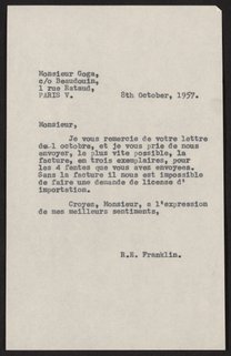 Letter from Rosalind Franklin to Mr. Goga, October 8, 1957