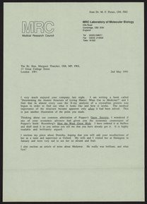 Letter from Max Perutz to Margaret Thatcher, May 2, 1991