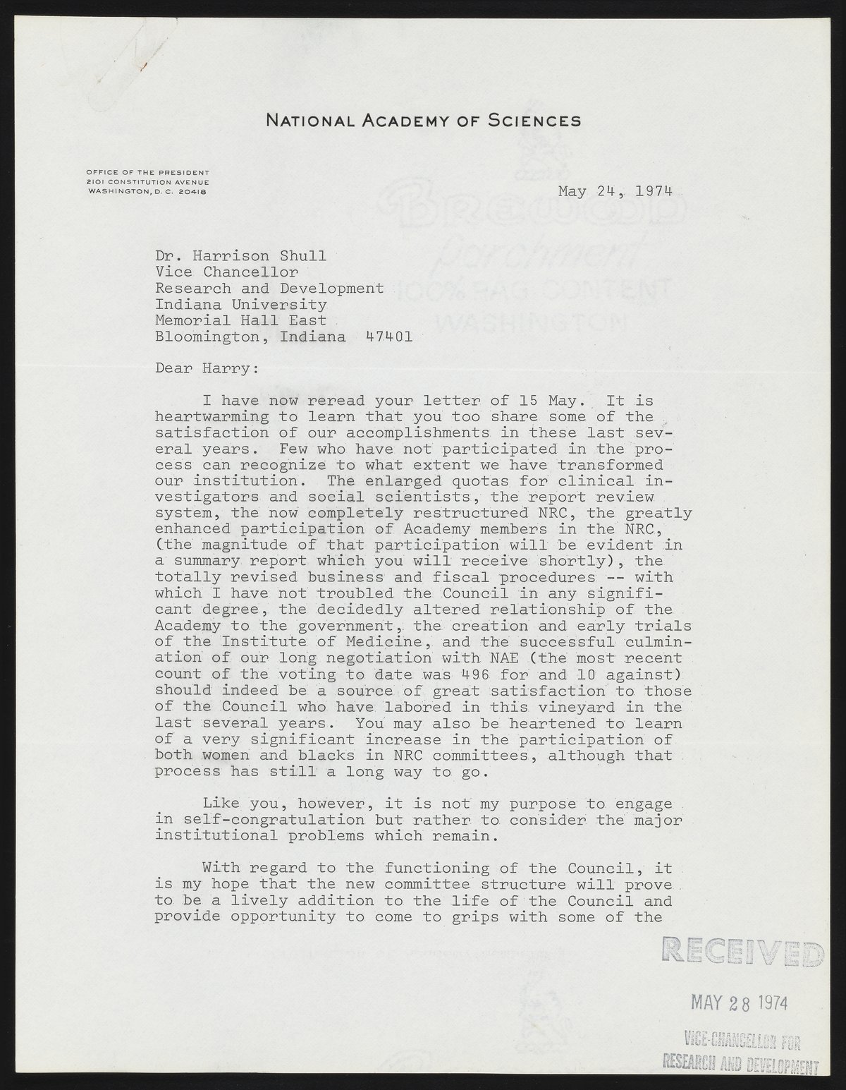 Letter from Philip Handler to Harrison Shull, 1974 - Science History ...