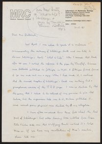 Letter from Max Perutz to Max Delbrück, October 31, 1987