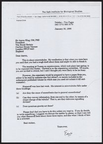 Fax from Francis Crick to Aaron Klug, January 30, 1996