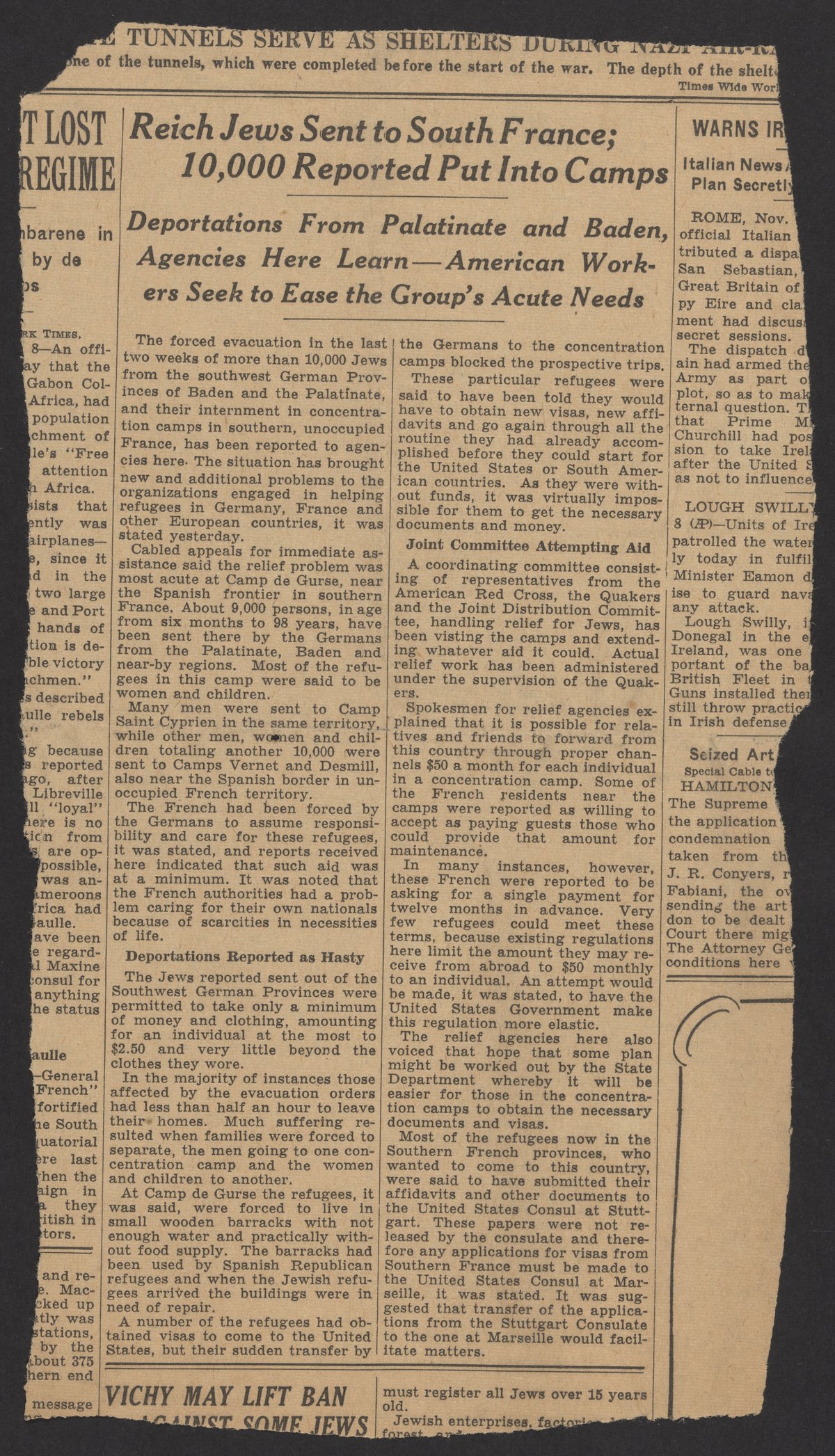 Science Jews Reich Jews Sent to South France; 10,000 Reported Put Into Camps ...