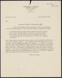 Memo to Aaron Klug regarding the Corporate Bodies Act of 1960