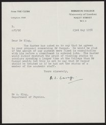 Letter from A. J. Caraffi to Aaron Klug, May 23, 1958