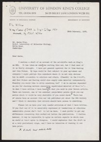Draft of "X-ray diffraction studies of DNA in King's College 1950 onwards", with cover letter written by Maurice Wilkins, 1976