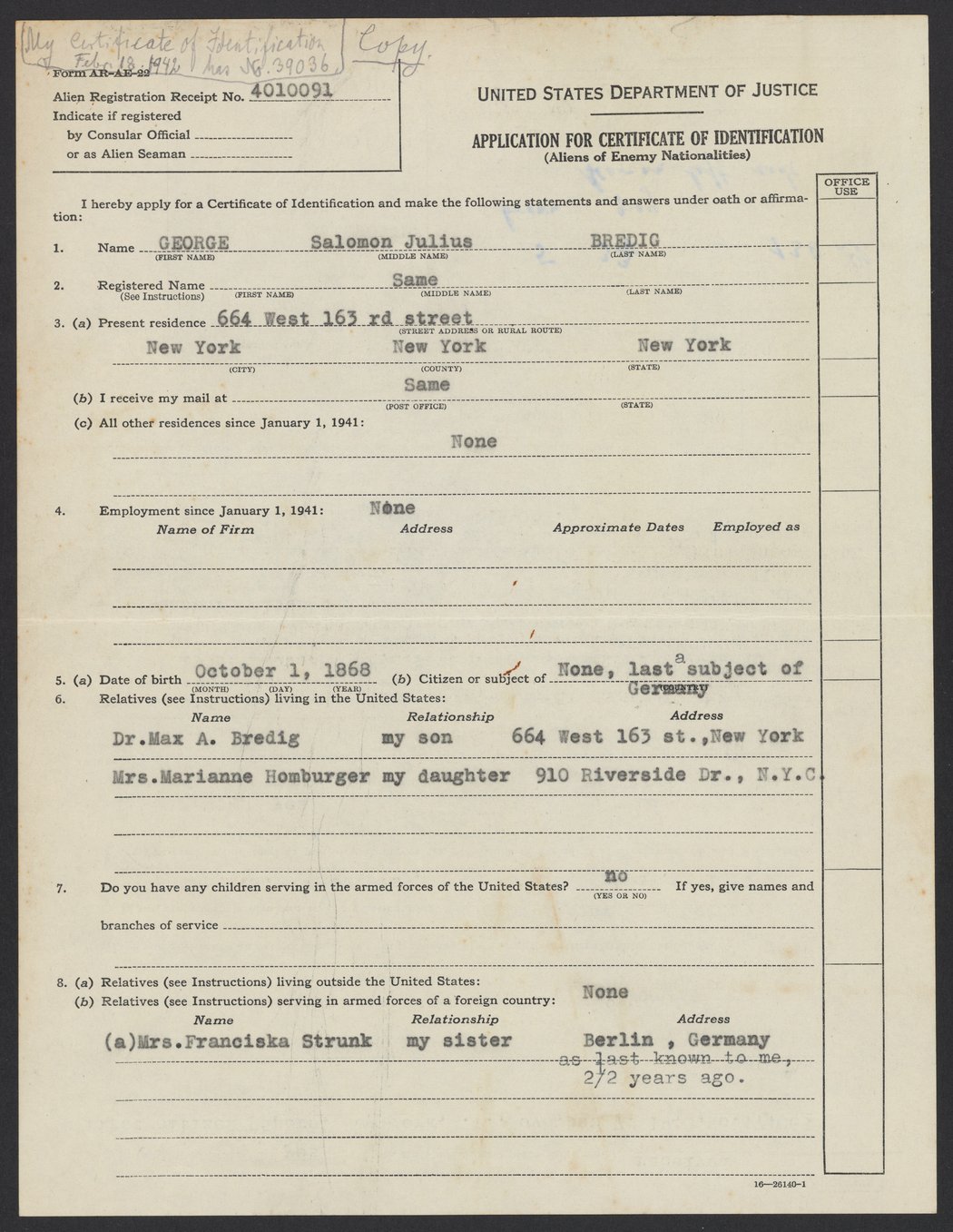 United States Department of Justice Application for Certification of ...