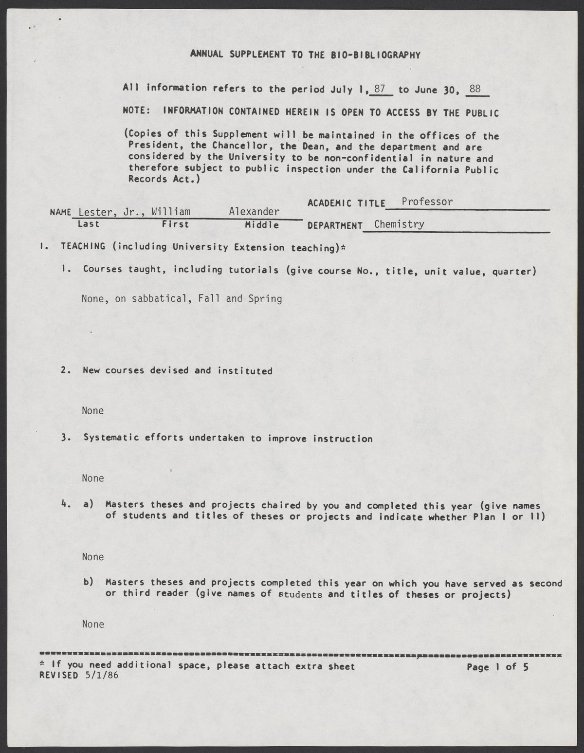 William A. Lester, Jr.'s bio-bibliography supplement form, 1988 ...