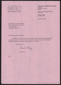 Letter from Aaron Klug to Karalyn Patterson and John Hodges, March 17, 1994