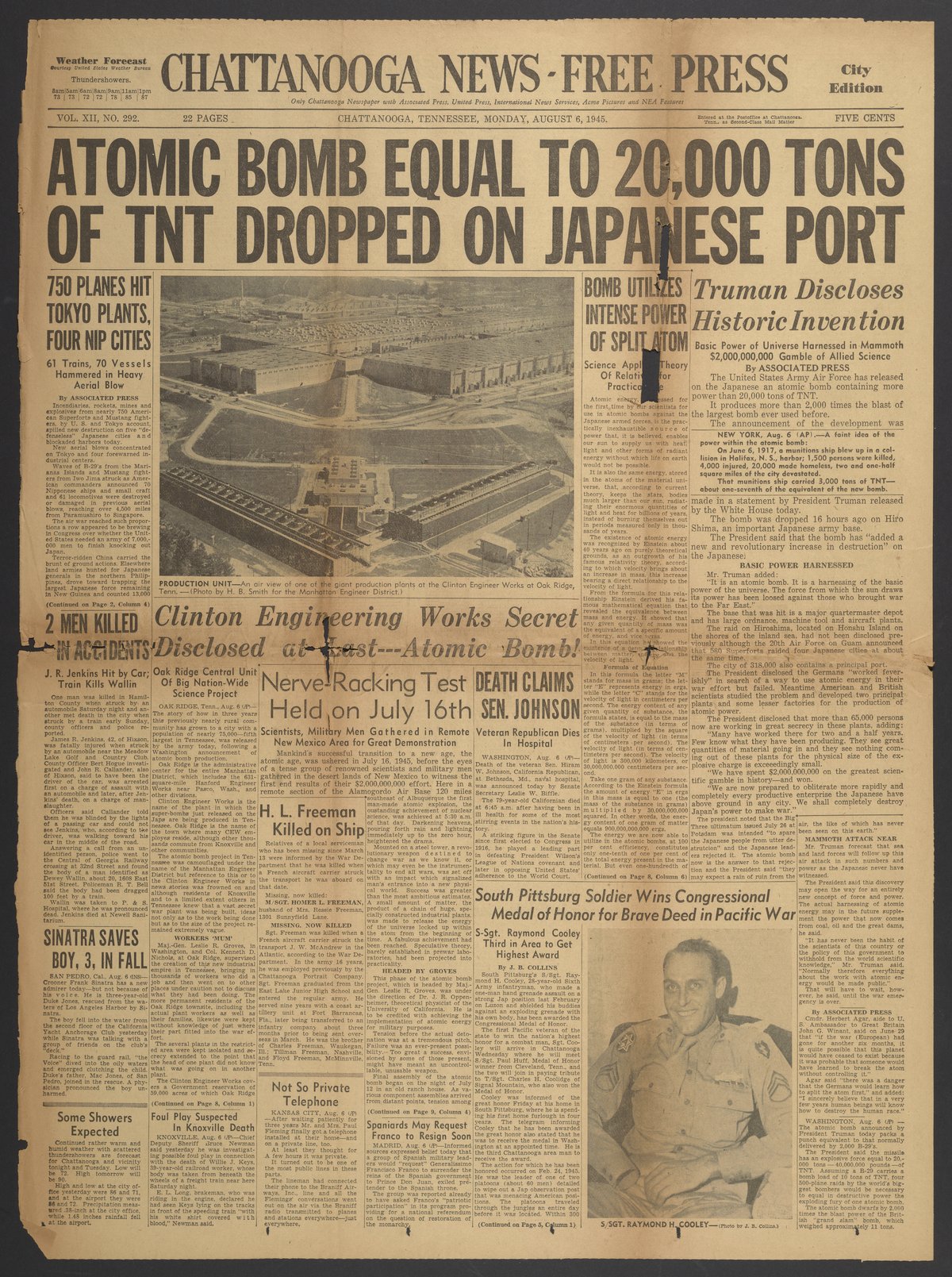 Atomic Bomb Equal to 20,000 Tons of TNT Dropped on Japanese Port