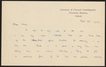 Letter from Dorothy Hodgkin to Max Perutz, April 20, 1949