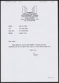 Letter from Francis Crick to Aaron Klug, May 19, 1998