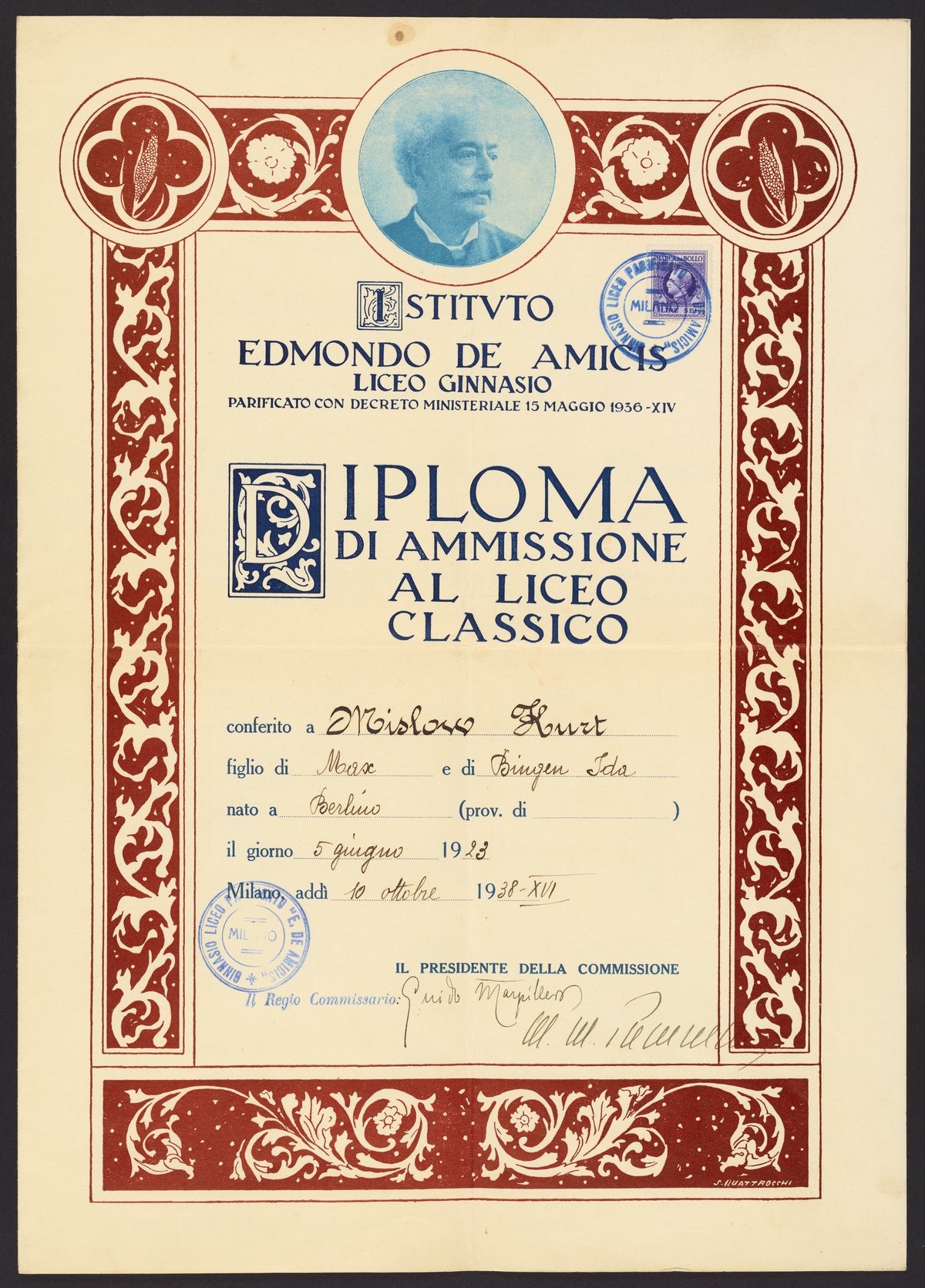 Kurt M. Mislow's high school admissions diploma, 1938 Science History