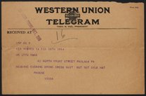 Telegram from Phoebe Waterman Haas to Otto Haas