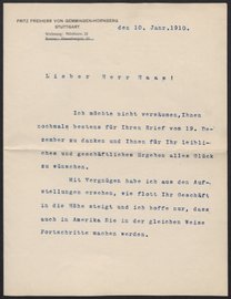 Letter from Fritz Freiherr von Gemmingen-Hornberg to Otto Haas, January 10, 1910