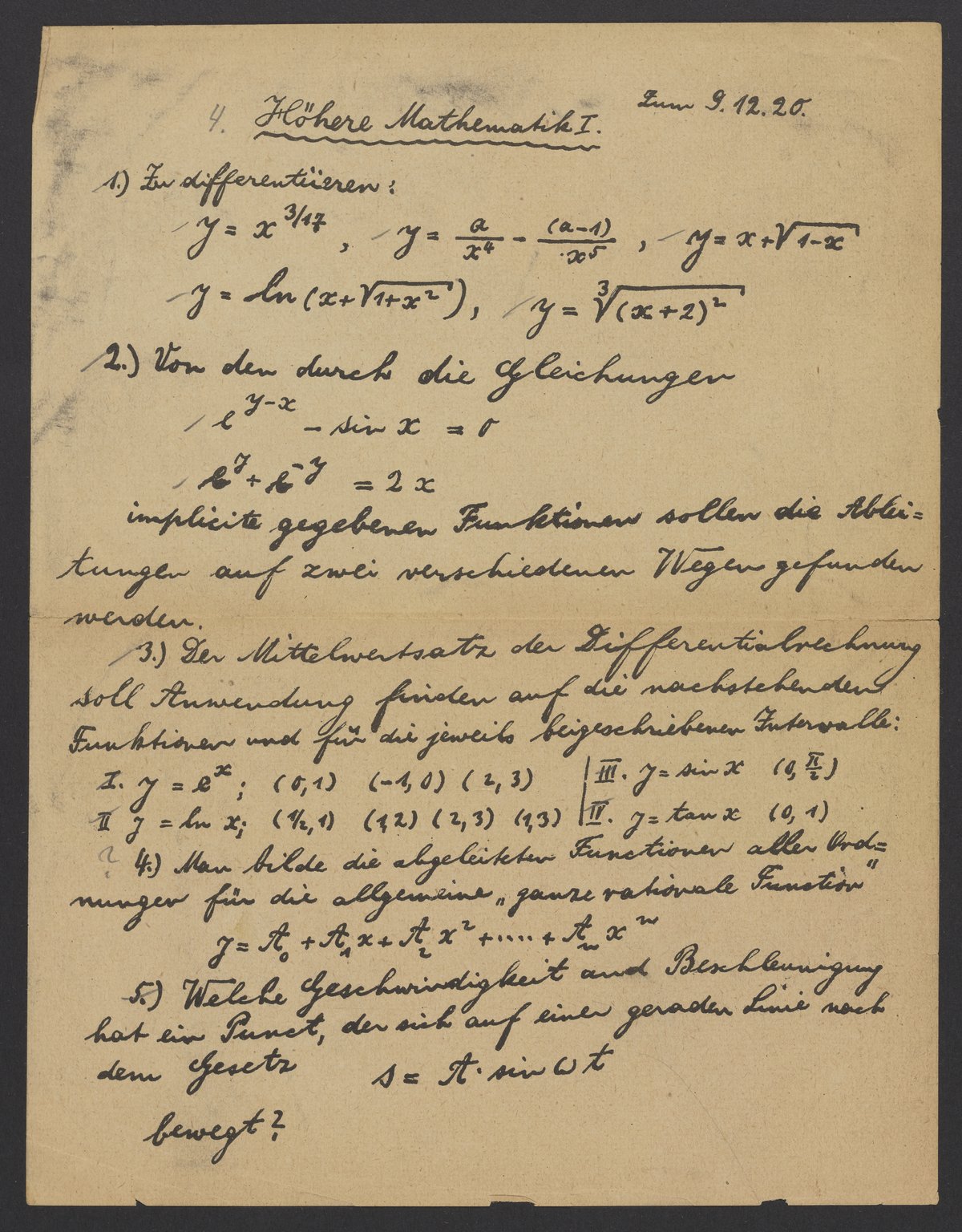 Problem set for a mathematics course, 1920 - Science History Institute ...