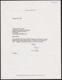 Letter from Francis Crick to Aaron Klug, August 13, 1993