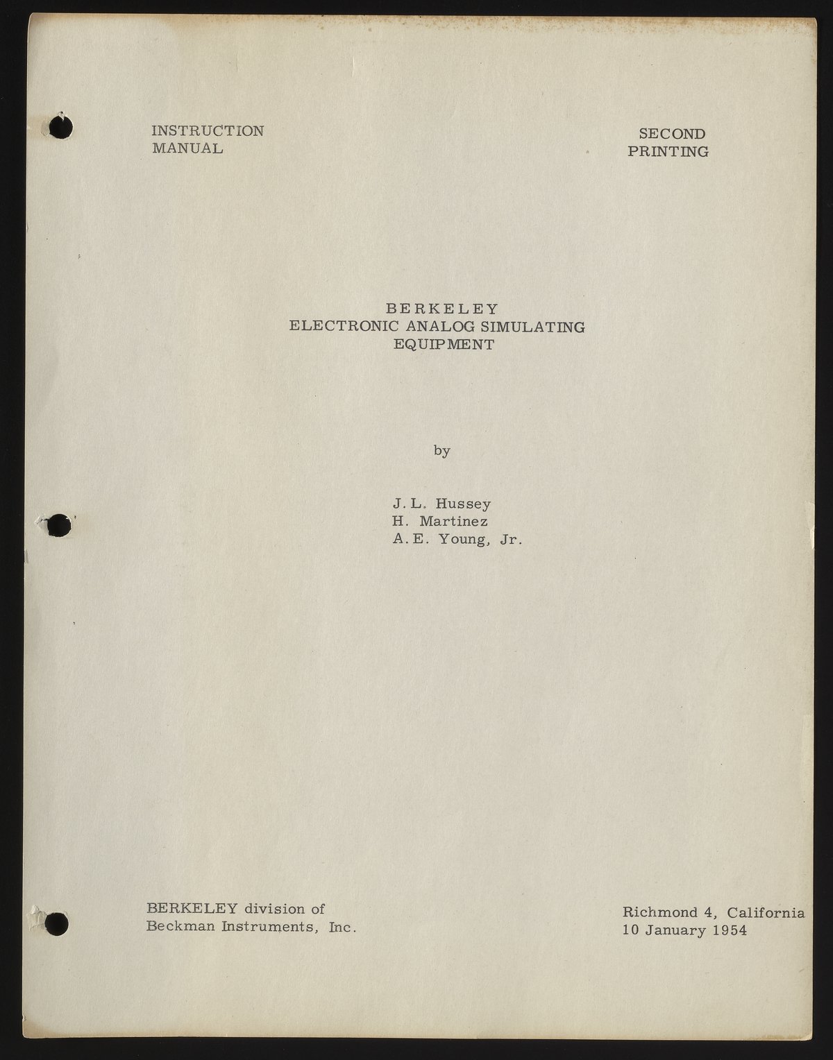 Instruction Manual, Berkeley Electronic Analog Simulating Equipment