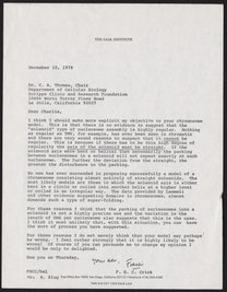 Letter from Francis Crick to Charles A. Thomas, December 10, 1979