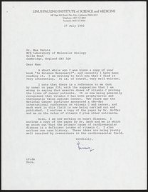 Letter from Linus Pauling to Max Perutz, July 27, 1992