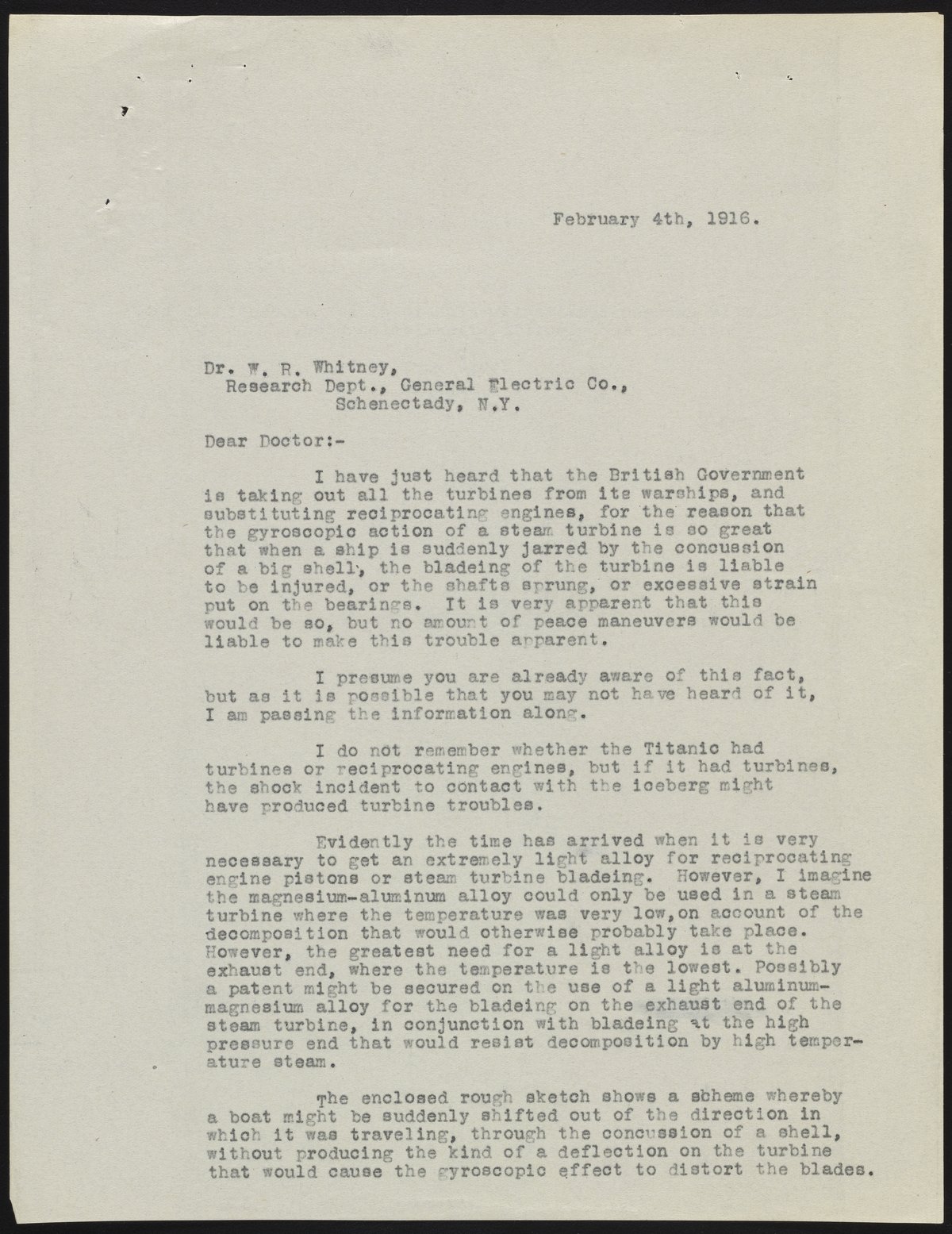 Willis R. Whitney Letter from Herbert H. Dow to Dr. Willis R. Whitney, February 4, 1916 ...