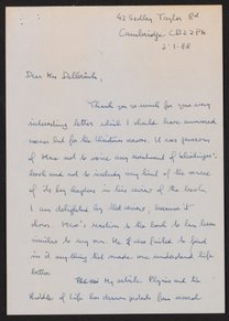 Letter from Max Perutz to Max Delbrück, January 2, 1988