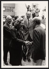Prime Minister Margaret Thatcher greeting Max Perutz, 1980