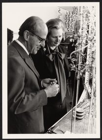 Margaret Thatcher and Max Perutz in the  Laboratory of Molecular Biology Model Room, 1980.