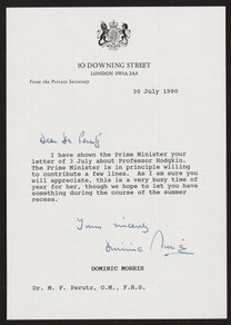 Letter from Dominic Morris to Max Perutz, July 30, 1990