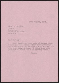 Letter from Max Perutz to Dorothy Hodgkin, August 16, 1963