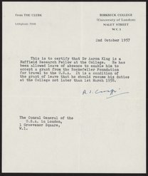 Letter from A. J. Caraffi to Aaron Klug, October 2, 1957