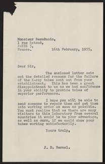Letters from John D. Bernal and Rosalind Franklin to P. Beaudouin, February 16, 1955