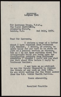Letter from Rosalind Franklin to Sir Lawrence Bragg, July 2, 1957