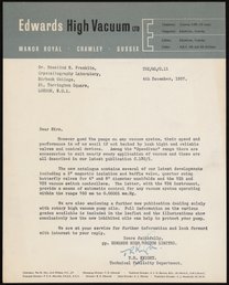 Letter from Edwards High Vacuum to Rosalind Franklin, December 4, 1957