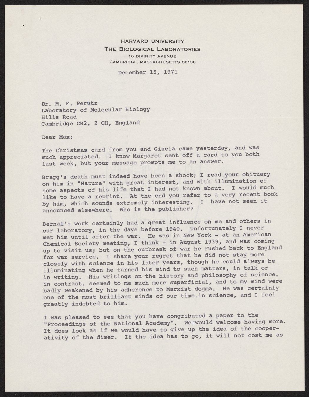 Letter from John T. Edsall to Max Perutz, December 15, 1971 - Science ...