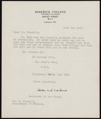Letter from Birkbeck College to Rosalind Franklin, May 12, 1955