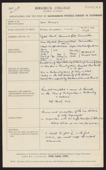 John Hindley's application to Birkbeck College