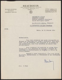 Letter from P. Beaudouin to Rosalind Franklin, October 15, 1954