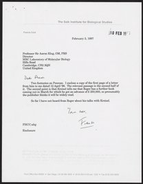Letter from Francis Crick to Aaron Klug, February 3, 1997