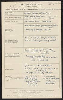 Gerald Norman Festenstein's application to Birkbeck College
