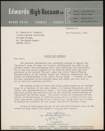 Letter from Edwards High Vacuum to Rosalind Franklin, September 10, 1958